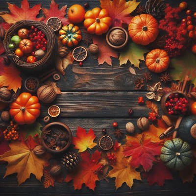 Fall leaves and pumpkins on a rustic wooden table