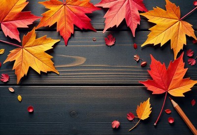 Autumn leaves on a wooden table