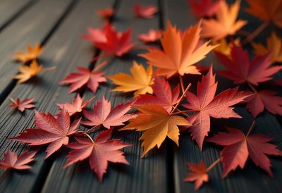 Red and orange maple leaves fall on a wooden surface