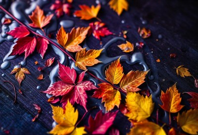Red and yellow leaves lay on a wet, dark surface