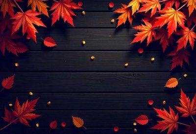 Red maple leaves on a black wooden background