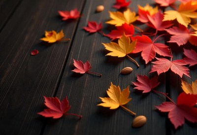 Red and yellow leaves on a wooden surface