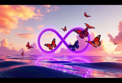 Butterflies fly around a purple infinity symbol over water