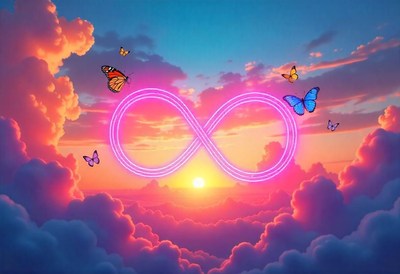 A glowing infinity symbol floats above the clouds at sunset
