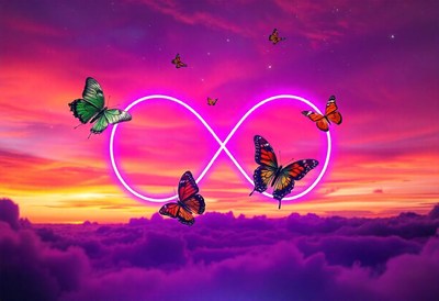 Butterflies fly around a pink infinity sign in the sky