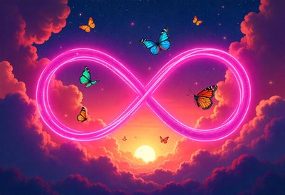 Pink infinity symbol and butterflies at sunset