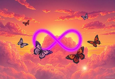 Butterflies dance around an infinity symbol at sunset
