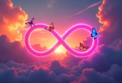 Pink infinity symbol glows in a sunset with butterflies