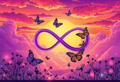 Purple infinity with butterflies at sunset