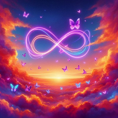 Glowing infinity symbol among colorful clouds
