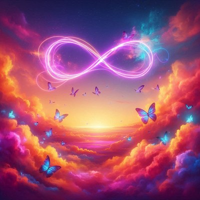 Infinity symbol hovers above a sunset with butterflies