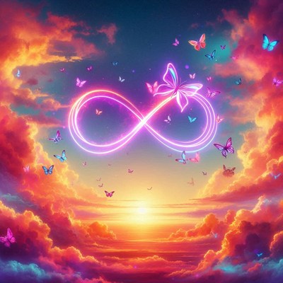 A glowing infinity symbol floats in the sky with butterflies