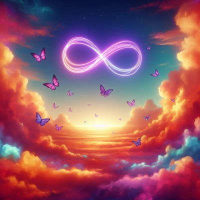 A bright infinity symbol glows above fluffy clouds at sunset