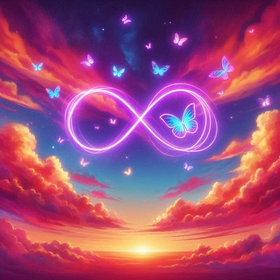 A glowing infinity symbol with butterflies at sunset