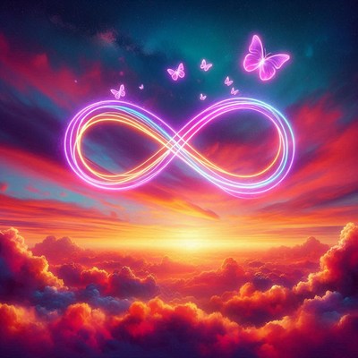 An infinity symbol glows with butterflies at sunset