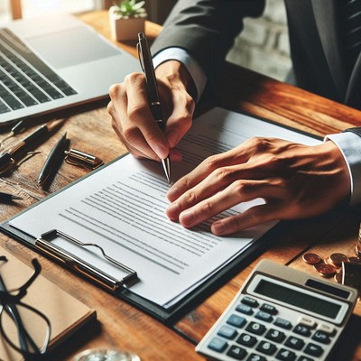 A person signs a document on a wooden desk