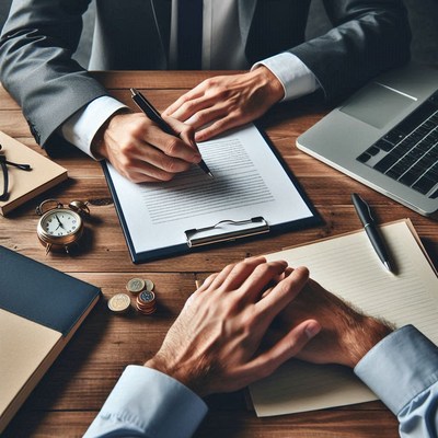A person signs a document at a desk