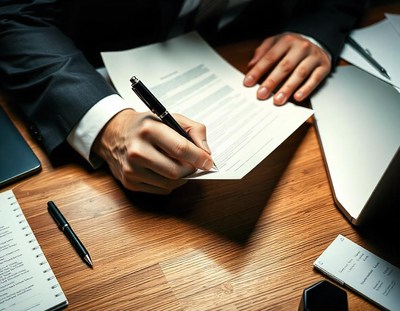 A person signs a document with a pen on a wooden desk