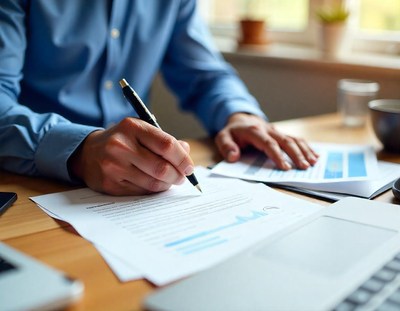 A man is signing a document at his desk