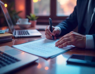 A person signs a document at a desk