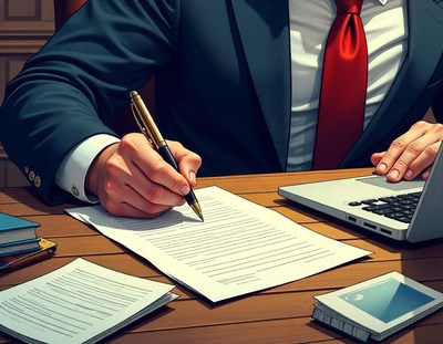 A man signs a document at a desk with a laptop
