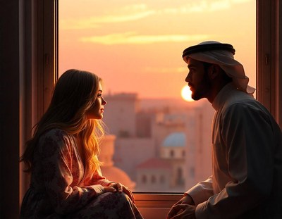 A man and woman look out a window at sunset