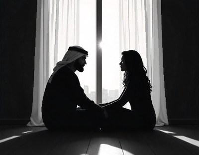 A couple sits by a window, looking at each other