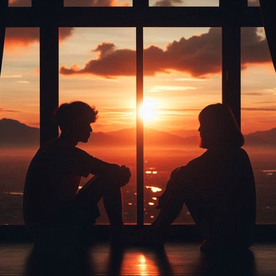 Two silhouettes watch the sunset from a window