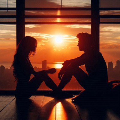 A couple silhouetted against a sunset