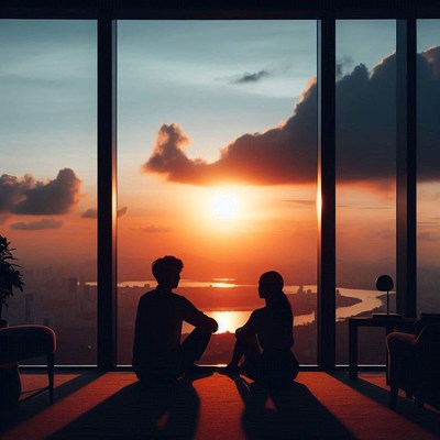 Couple by window watches the city sunset
