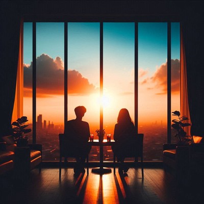 A couple enjoys a sunset view from a city rooftop
