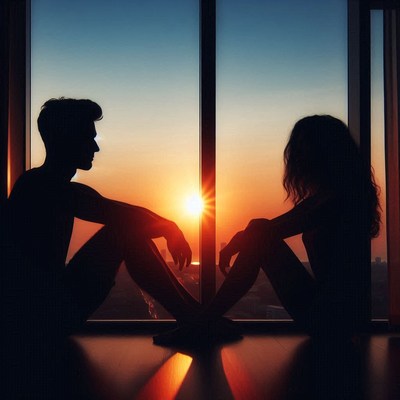 A couple sits by a window watching the sunset
