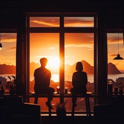 A couple watches the sunset from a window