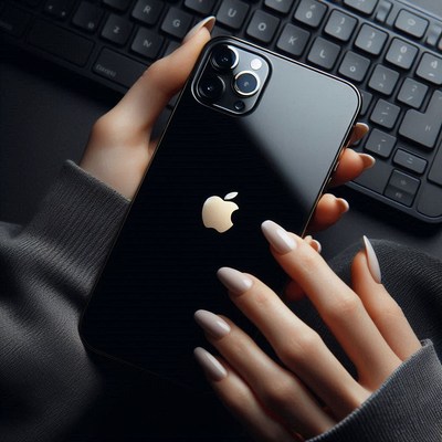 A hand holds a black iphone with white nails