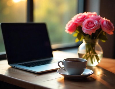 Laptop, coffee, and pink roses on a wooden table