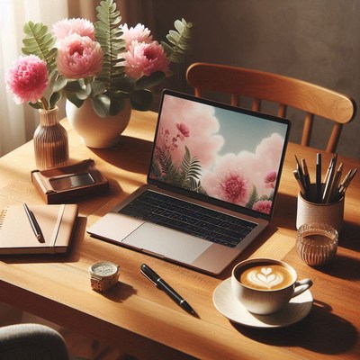 Laptop on a table with coffee and pink flowers