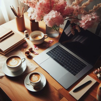 Open laptop, two coffee cups, pink flowers