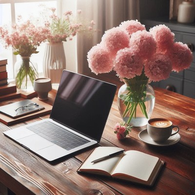 Laptop, notebook, coffee on a wooden desk with flowers