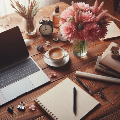 Cozy workspace: laptop, coffee, and flowers