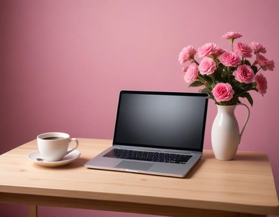 A laptop sits on a desk with a cup of coffee and flowers
