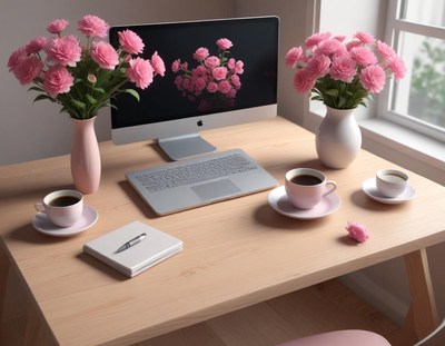 A wooden desk with pink flowers, coffee, and a laptop