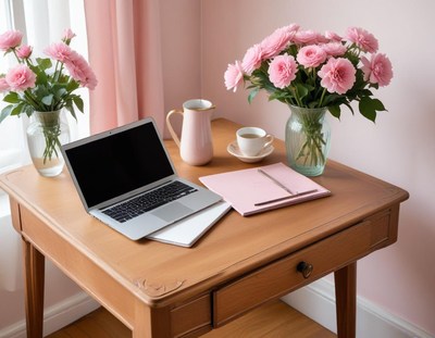 A laptop sits on a wooden desk with flowers