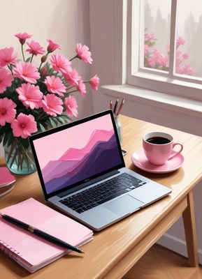 Pink laptop, notebook, coffee on a wooden desk