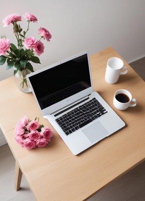 A laptop, flowers, and coffee on a desk
