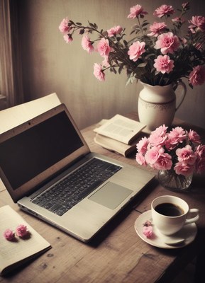 A laptop, coffee, and flowers sit on a wooden table