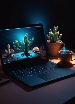 Laptop with cactus wallpaper, coffee, and a plant