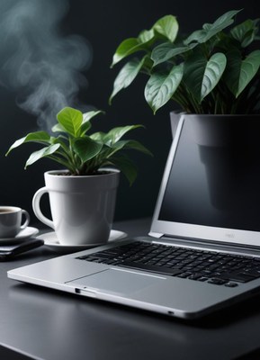 A laptop sits on a desk with a steaming cup of coffee