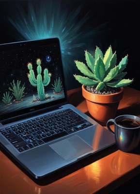 Laptop with cactus on desk, plus a plant and coffee
