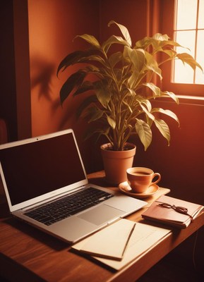 Laptop, coffee, and a plant on a desk by a window