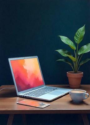 A laptop sits on a wooden desk with a cup of coffee